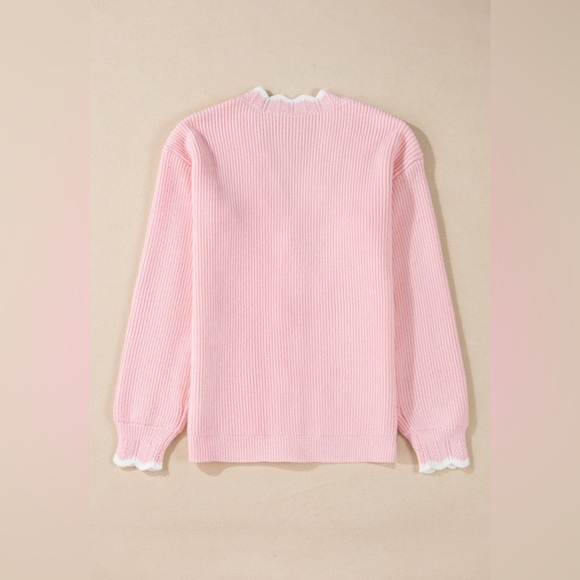 Kaylee- pink ribbed knit scalloped edge sweater cardigan - Picture 4 of 5